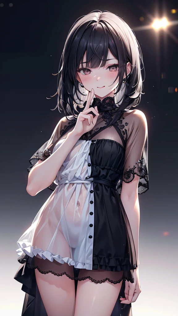 Serious age girl, Messy black hair, White eyes, Scar on one eye, Sunburned skin, Stylish black and white outfit, Attractive body, Dark and cold look, Detailed portrait, 8k, photograph (Highest quality) . ,4K,8k,High resolution,masterpiece:1.2),Very detailed,(Realistic,photoRealistic,photoRealistic:1.37),Vibrant colors,Sharp focus,Physically Based Rendering,Very detailedな,Professional tongue out, whole body,Thin legs,Beautiful legs,blush, smile, Sexy pose,cute仕草,cute,Small breasts, See-through,Half-closed eyes, Face of patience, stuffed toy,slender,Open your mouth,