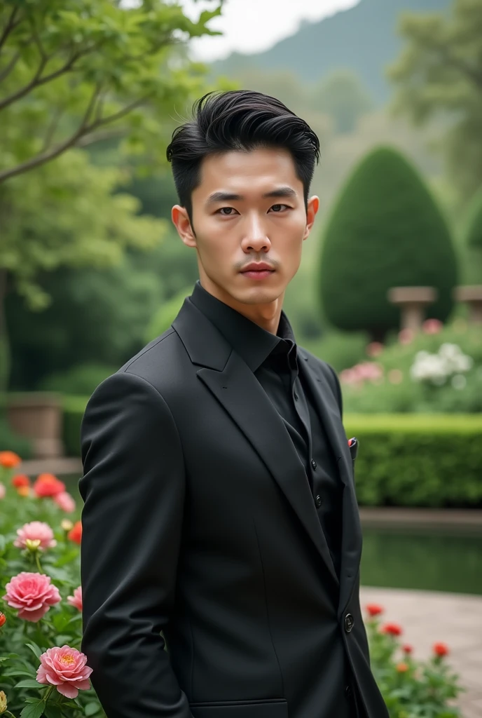 (photorealism:1.2), handsome korean guy in suit with black hair, semi pompadour hairstyle, selfie, outdoors, in garden
