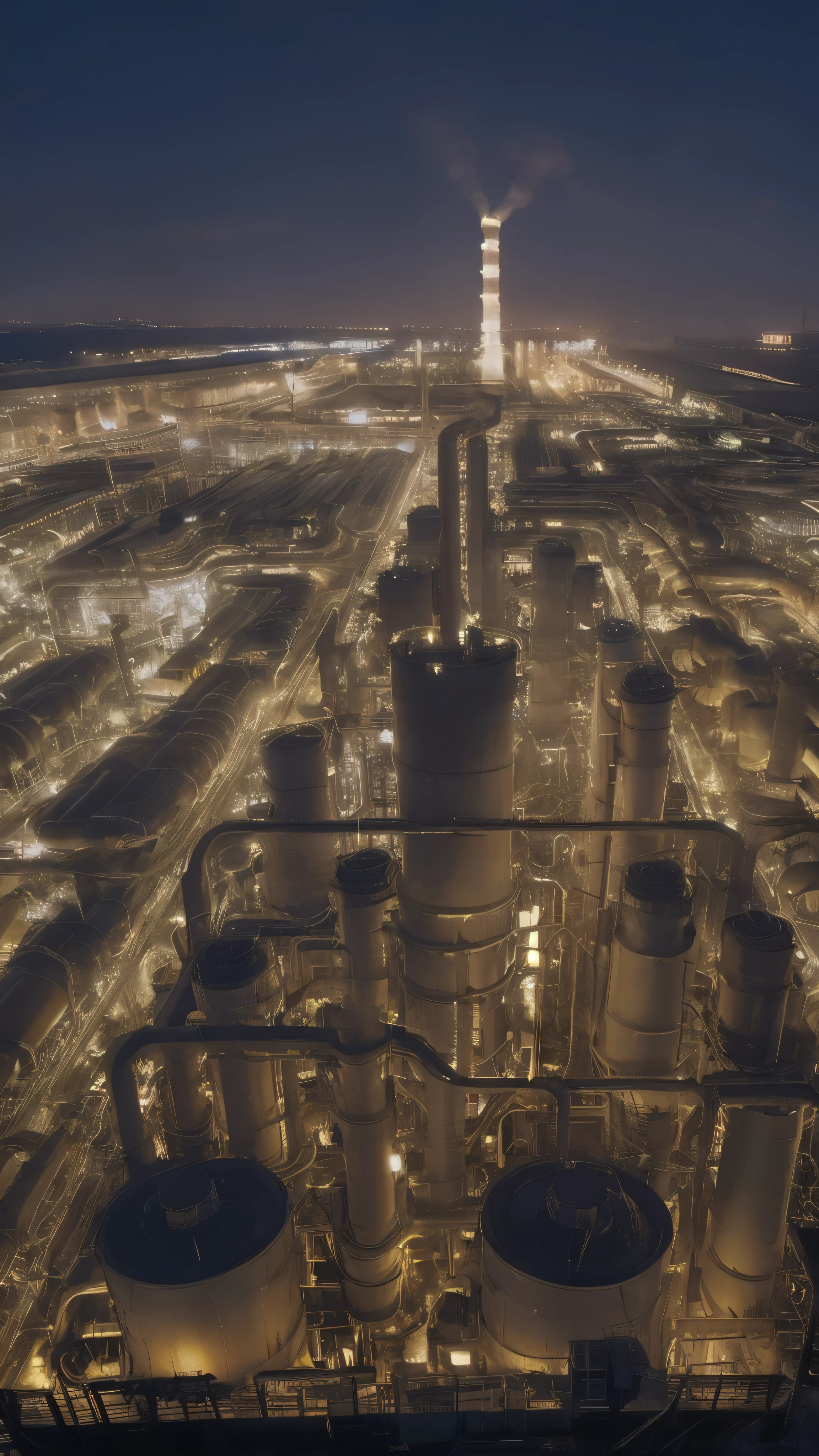 Background only、Night view of the factory、Shining、Petrochemical complex night view、Pipes cross、Pale white light、Looks like a photo、View from the sea、The futuristic factory、cyber punk、See the full picture、future、Beautiful lighting