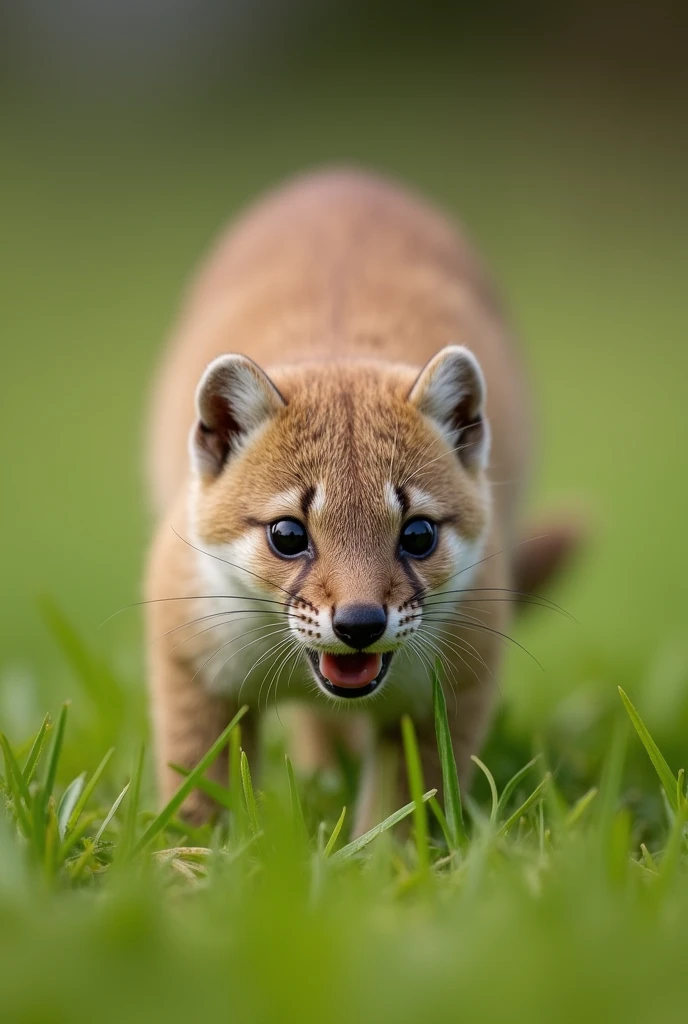 A weasel pouncing in the grass.
