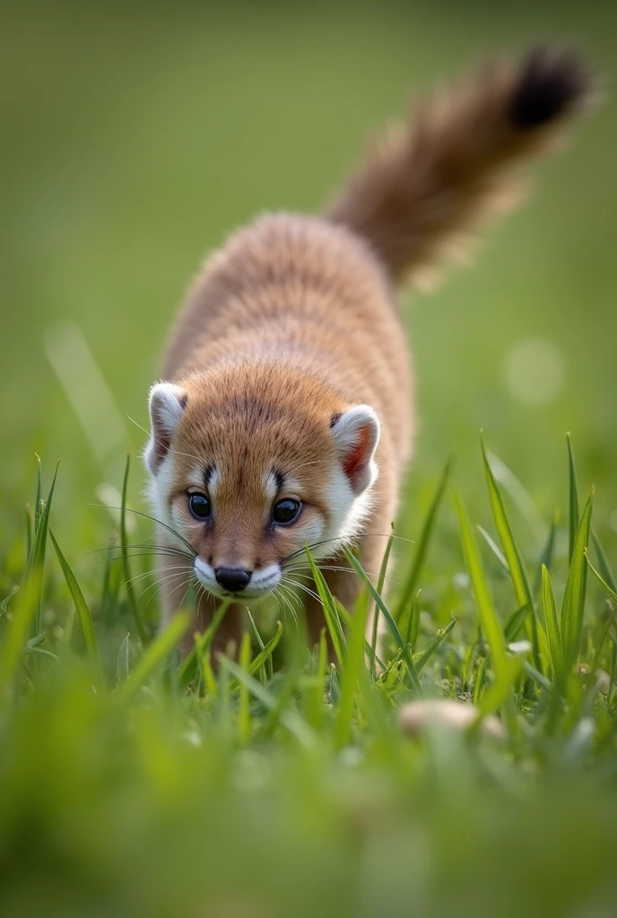 A weasel pouncing in the grass.