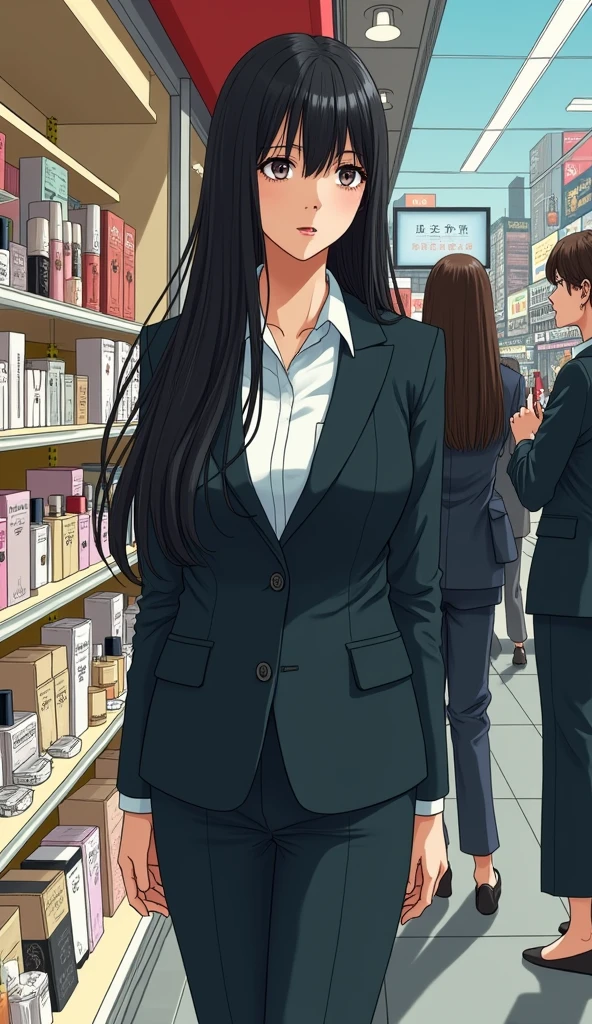 ((A woman with long hair)),Standing on the side of the street,Black straight hair,Ladies suits,((Cold expression)),Japanese comic style,Choosing cosmetics in a shopping mall,Shopping。A woman with long brown hair next to him spoke to him