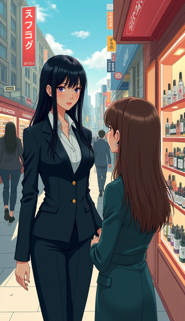 ((A woman with long hair))，Standing on the side of the street，Black straight hair，Ladies suits，((Cold expression))，Japanese comic style，Choosing cosmetics in a shopping mall，Shopping。A woman with long brown hair next to him spoke to him