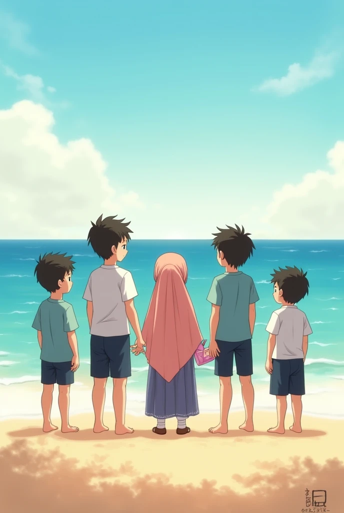 Quadruplets ( 3 boy 1girl ( hijab girl wearing a handsock and sock ) the girl in the Middle and 2 boy on left the girl and 1 more boys on the right girl. the quintuplets Seeing the beach. Image in Back. Facing the sea. The girl height is 150 cm the first boy : 200 cm. The second boy : 200 cm. The third boy : 200 cm height 