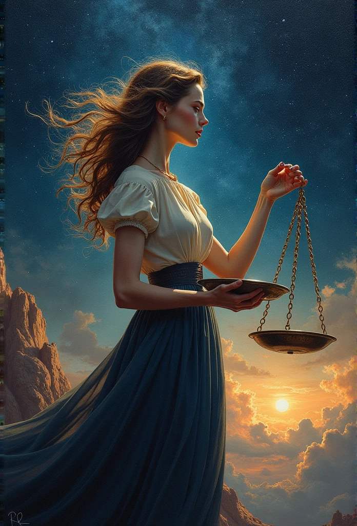 Artwork, surrealism, highly detailed, intricate details, oil painting, best quality, cosmic, starry, a woman holding a two-plate scale, pound sign concept, golden ratio, beautiful, cosmic concept, 8k, cinematic light, starry background, vibrant colors, UHD, by Greg Rutkowski