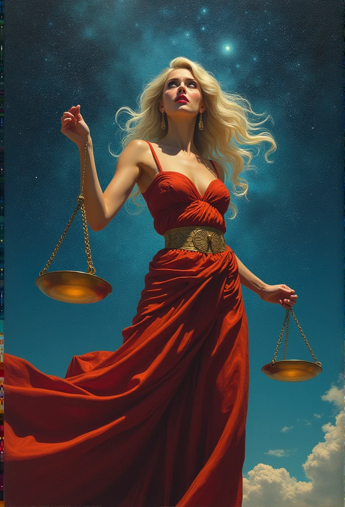 Artwork, surrealism, highly detailed, intricate details, oil painting, best quality, cosmic, starry, a woman holding a two-plate scale, pound sign concept, golden ratio, beautiful, cosmic concept, 8k, cinematic light, starry background, vibrant colors, UHD, by Greg Rutkowski