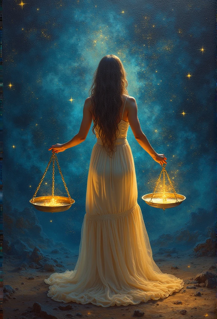Artwork, surrealism, highly detailed, intricate details, oil painting, best quality, cosmic, starry, a woman holding a two-plate scale, pound sign concept, golden ratio, beautiful, cosmic concept, 8k, cinematic light, starry background, vibrant colors, UHD, by Greg Rutkowski