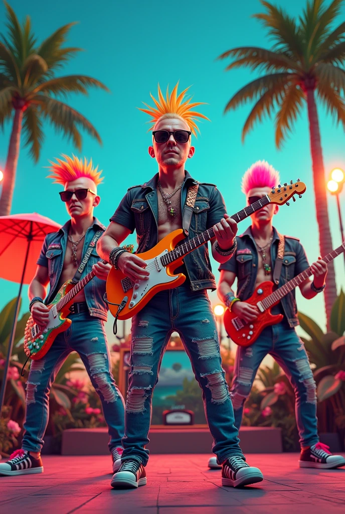 A band dressed in a punk style but tropical with colors 