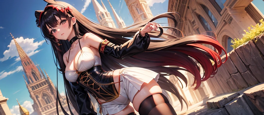 Anime girl fantasy world, medieval, long black hair, {{{big red bow in the middle of her head}}},White spaghetti strap top showing off her big cleavage, small brown shorts, and black stockings reaching down to her thighs., showing white skin, good figure showing off curves