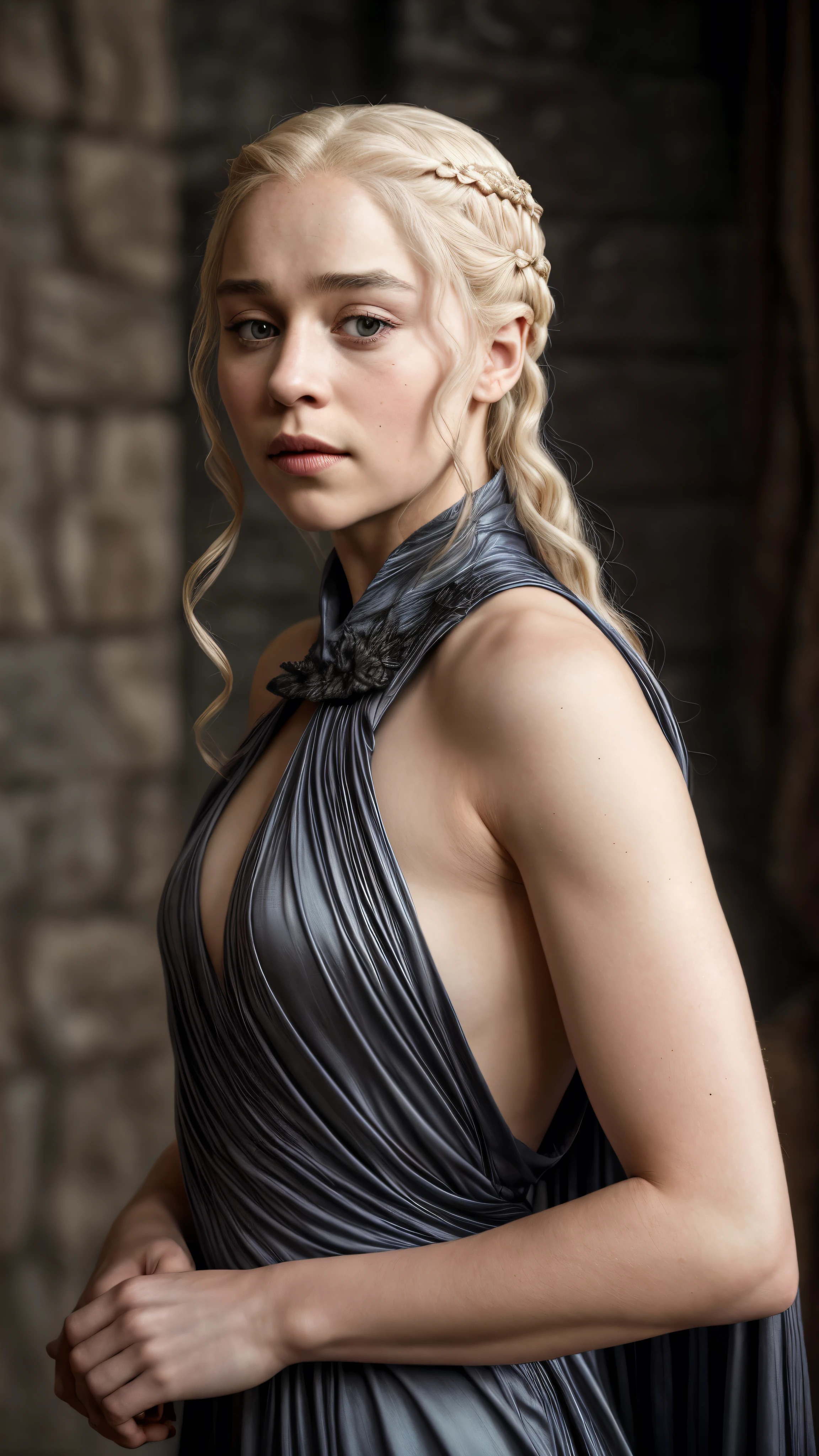 masterpiece, stunning portrait photo of khls woman, sleeveless, erotic costumes, sensual satin dress, game of thrones inspired costumes, intricate, compelling, cinematic,