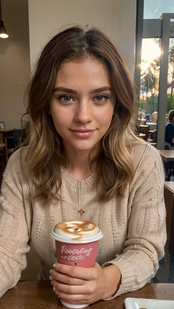 beautiful Puerto Rican blonde with pink sweater (drinking coffee inside a modern cafe at sunset), Very detailed, 21 years, innocent face, natural wavy hair, blue eyes, High resolution, masterpiece, Best Quality, intricate details, Very detailed, sharp focus, detailed skin, realist skin texture, texture, detailed eyes, professional, 4k, charming smile, shot on Canon, 85mm, shallow depth of field, Kodak Vision Color, body in perfect shape, extremely detailed, Photo_\(ultra\), photorealist, realist, post processing, maximum detail, roughness, real life, ultra realist, photorealism, Photography, 8k hd, Photography