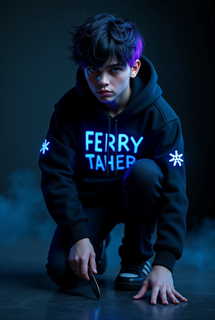 Make me a picture, character 3d real ,
A handsome 17 year old boy , black hair mixed with purple ,
Wearing a black jacket with blue glowing crystal decorations on his jacket ,
Wearing black jeans,
Wajah tampan nya displays expresi jahat dan datar ,
Crouching on the floor holding a small knife , black background with light , a thin layer of smoke filled the room,displays "FERRY TAHER", on his clothes.with blue neon font.
Real hyperrealistic, ultra hd is very real