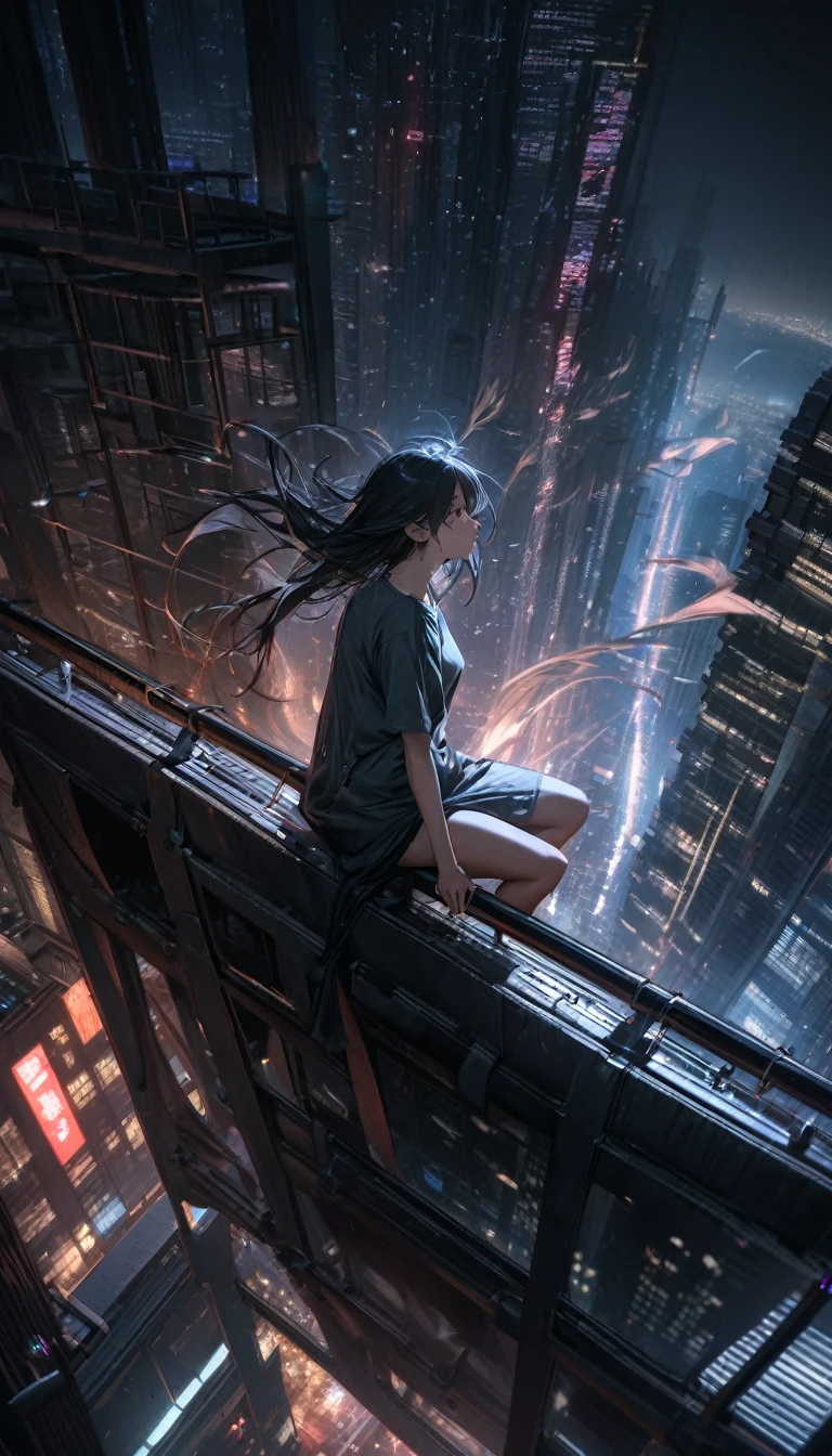 High resolution, Highest quality, high resolution, Super Fine, 16K, Unbelievably absurd, Very detailed, Beautiful woman sitting on a trapeze suspended between two skyscrapers, Gazing into the distance, Wear a loose, long T-shirt, Captivating look, Wind, Wind-effect, moonlit nightscape, (Nice views:1.1) , Clockpunk