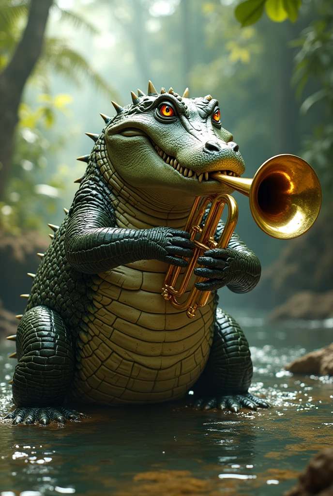 A big crocodile playing a trumpet