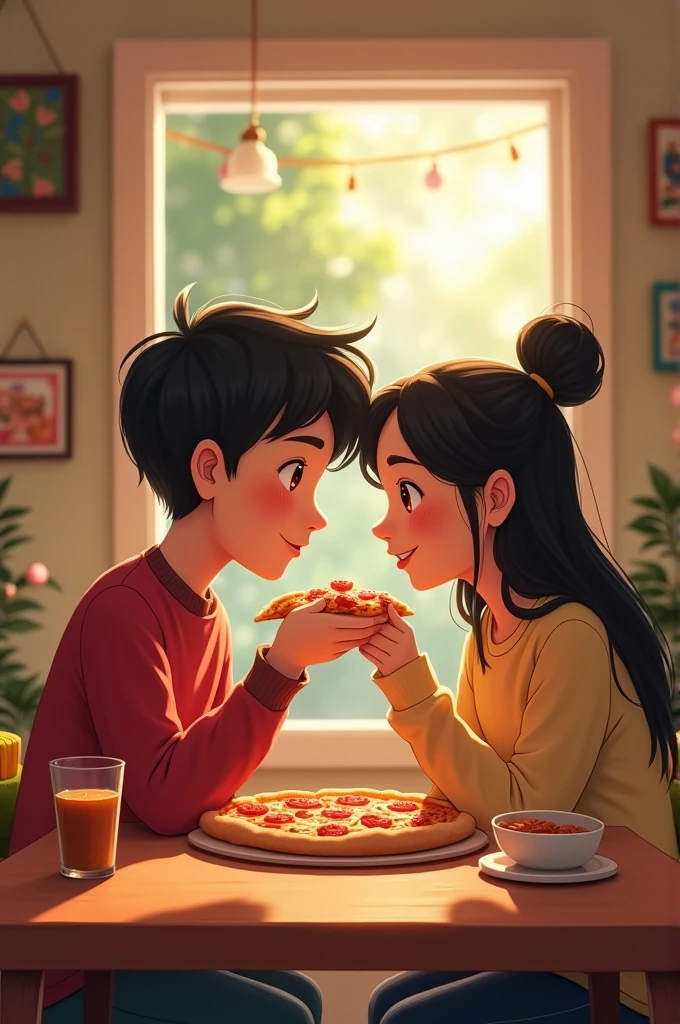 there are two people sitting at a table with a pizza, duy beni serial, 4 5. 7 mplens, age 3 0, f2.2, tiktok, canva, pods, fa, black quick, pointed nose, cam de leon, trading, couple on bed, silver red, cibercity