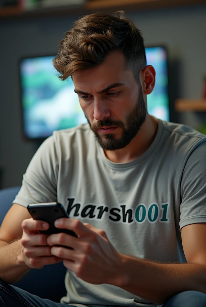 A man playing games on phone while wearing a t-shirt that has harsh001 written on it