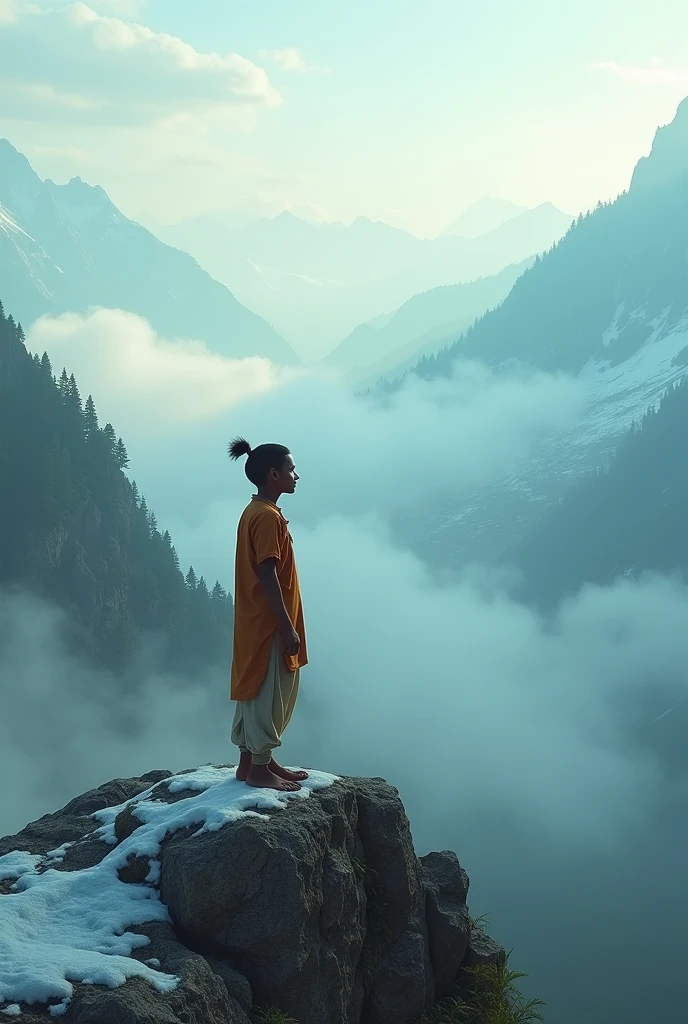 indian boy on mountains and fog area and beautiful view
