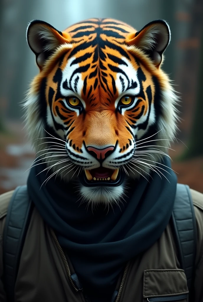 a man wearing a half tiger mask with face below the moouth of the tiger
