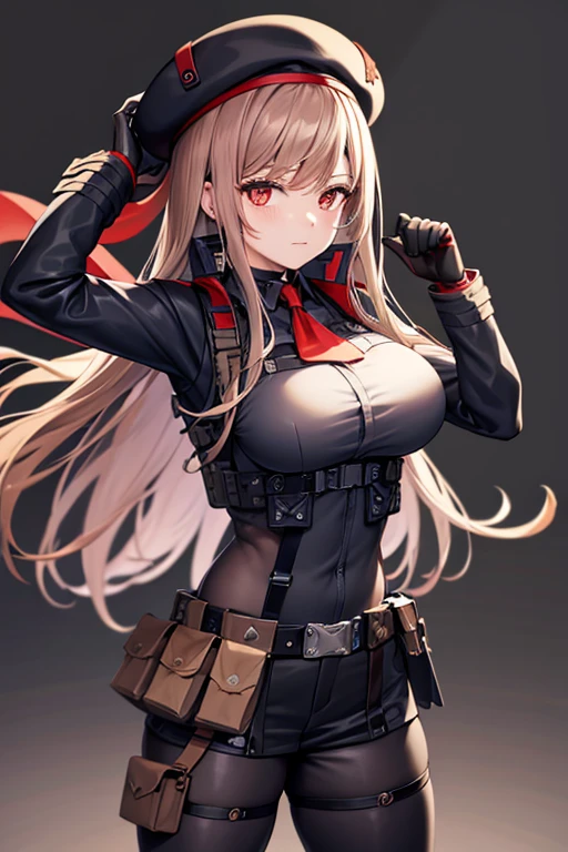Rapi (NIKKE), Belt Pouches, Brown hair, Black hat, red ascot, beret, closed mouth, looking at the viewer, choker, gloves, ascot, Red gloves, (uniform), (bulletproof vest), utility belt, cargo pants, black pants, Black boots, solo, long hair, (simple black background), cowboy shot, red eyes, huge breasts, (muscular body), long sleeves