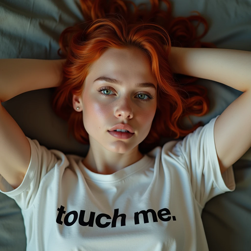 a young redhead woman lying on a bed wearing a shirt with the words "touch me".