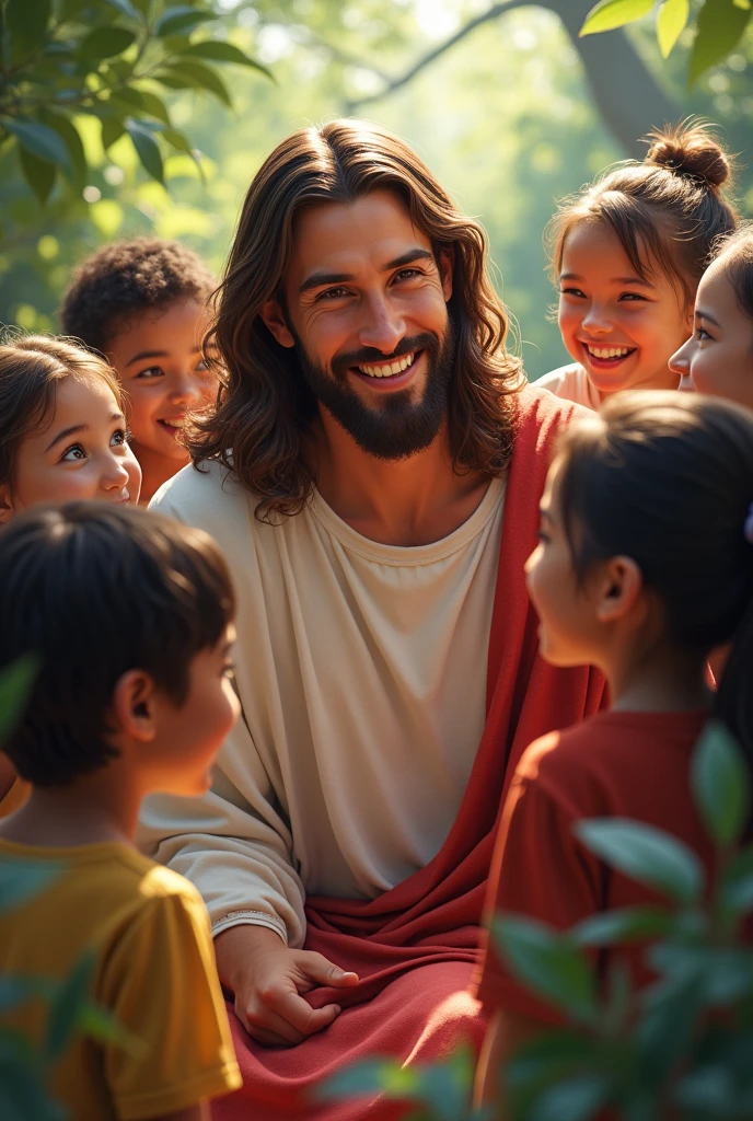 Jesus smiling with children in a Marvel-style HD drawing