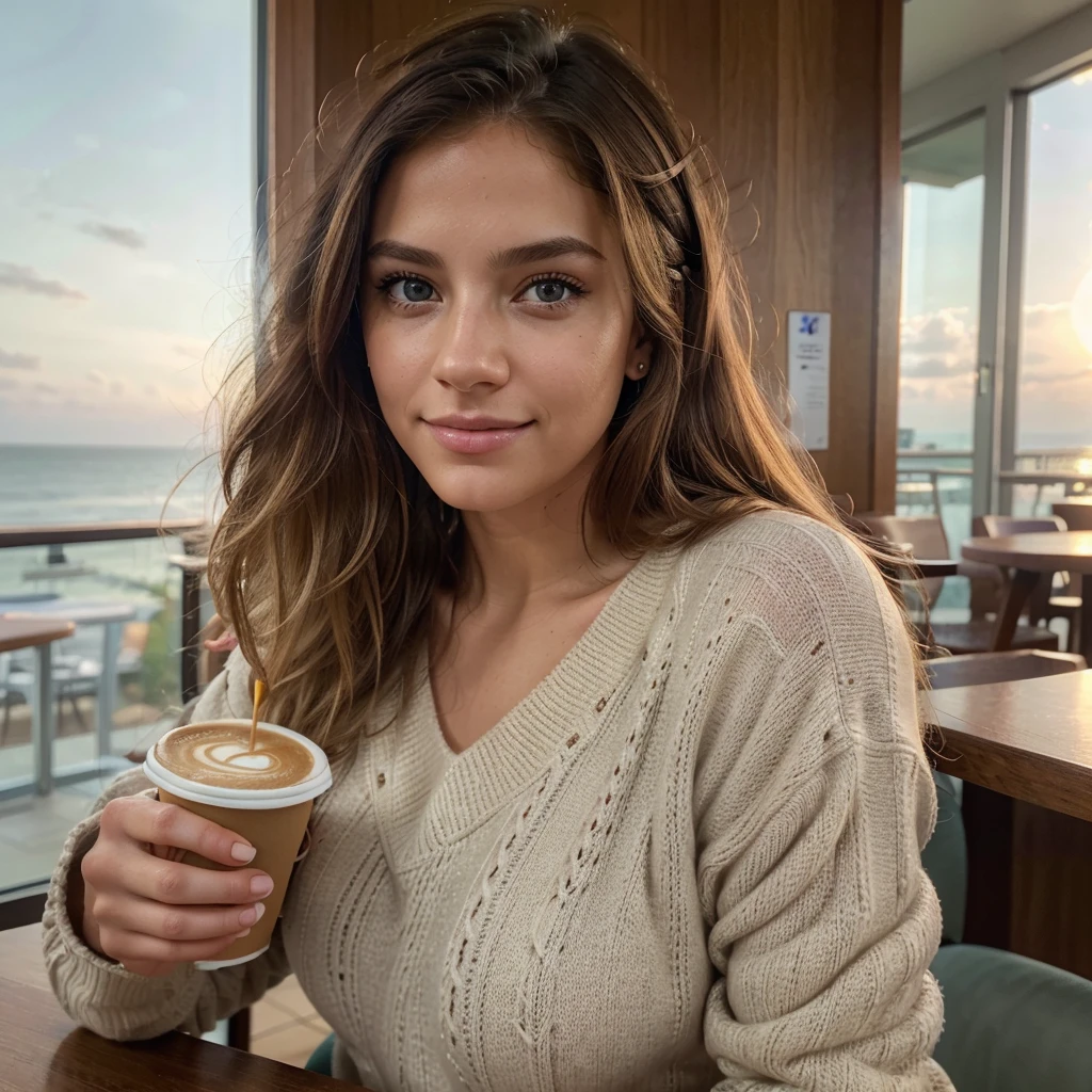beautiful Puerto Rican blonde with pink sweater (drinking coffee inside a modern cafe at sunset), Very detailed, 21 years, innocent face, natural wavy hair, blue eyes, High resolution, masterpiece, Best Quality, intricate details, Very detailed, sharp focus, detailed skin, realist skin texture, texture, detailed eyes, professional, 4k, charming smile, shot on Canon, 85mm, shallow depth of field, Kodak Vision Color, body in perfect shape, extremely detailed, Photo_\(ultra\), photorealist, realist, post processing, maximum detail, roughness, real life, ultra realist, photorealism, Photography, 8k hd, Photography