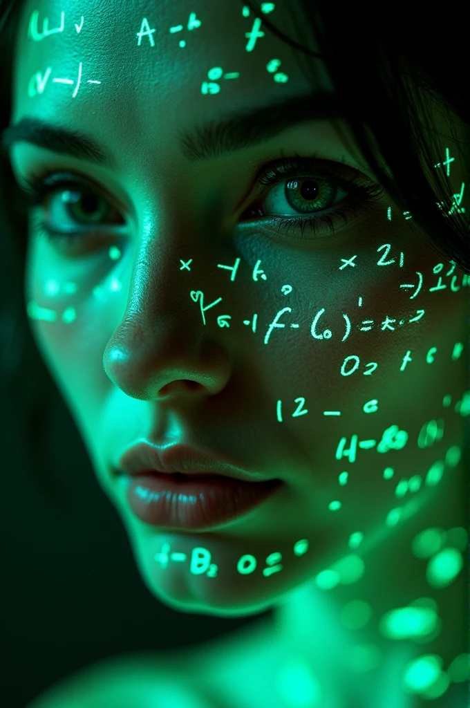 Close-up of woman's face, glowing green holographic equations projected onto skin. Intense gaze, realistic features. Dark background, cyberpunk aesthetic. Luminous mathematical formulas, handwritten style. Futuristic, high-tech atmosphere. Photorealistic rendering, dramatic lighting, sharp contrast