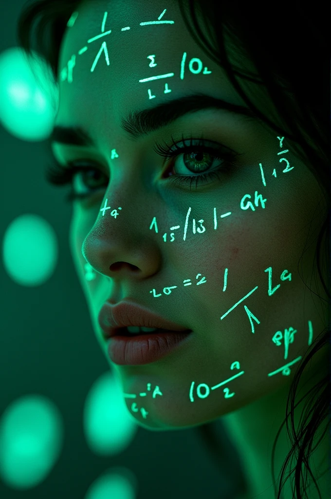 Close-up of woman's face, glowing green holographic equations projected onto skin. Intense gaze, realistic features. Dark background, cyberpunk aesthetic. Luminous mathematical formulas, handwritten style. Futuristic, high-tech atmosphere. Photorealistic rendering, dramatic lighting, sharp contrast