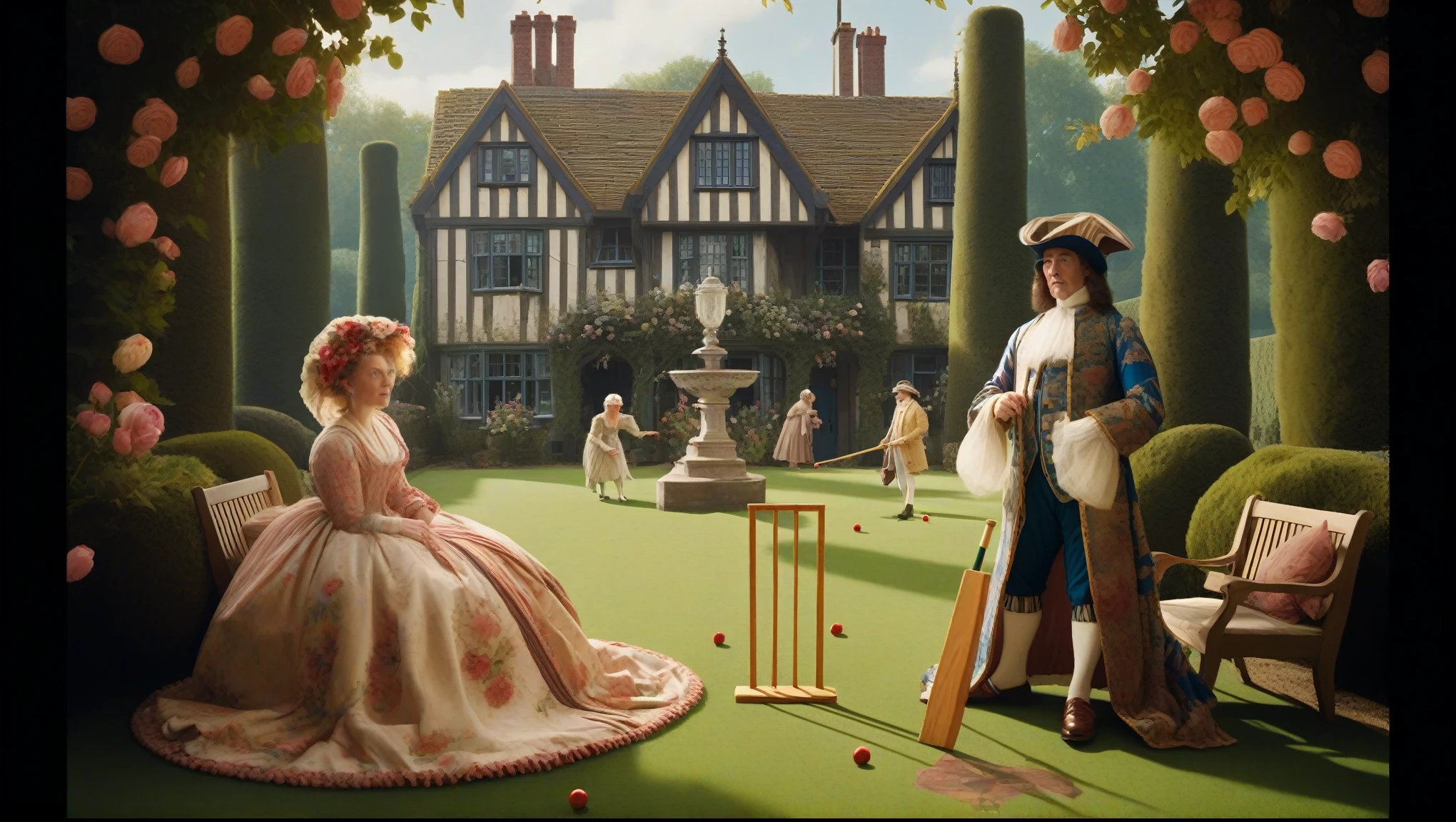 there is a man and woman in period dress playing a game of croquet, inspired by Richard Dadd, inspired by Thomas Stothard, global illumination. vfx, inspired by Lorenzo Lotto, inspired by Ford Madox Brown, by Robert Brackman, inspired by Kurt Wenner, award winning cgi, cgi art, inspired by John Singleton Copley, by Lee Gatch