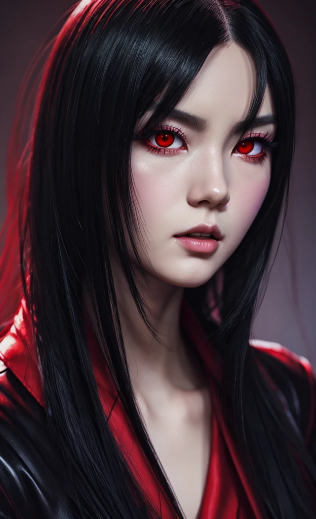 hyperdetailled, hyperrealist painting of a man with long black hair and red eyes, painted in anime painter studio, handsome guy in demon slayer art, made with anime painter studio, androgynous vampire, inspired by Yanjun Cheng, portrait gapmoe yandere grimdark, in the art style of bowater, junji ito 4 k, handsome japanese demon boy, kuvshinov ilya
