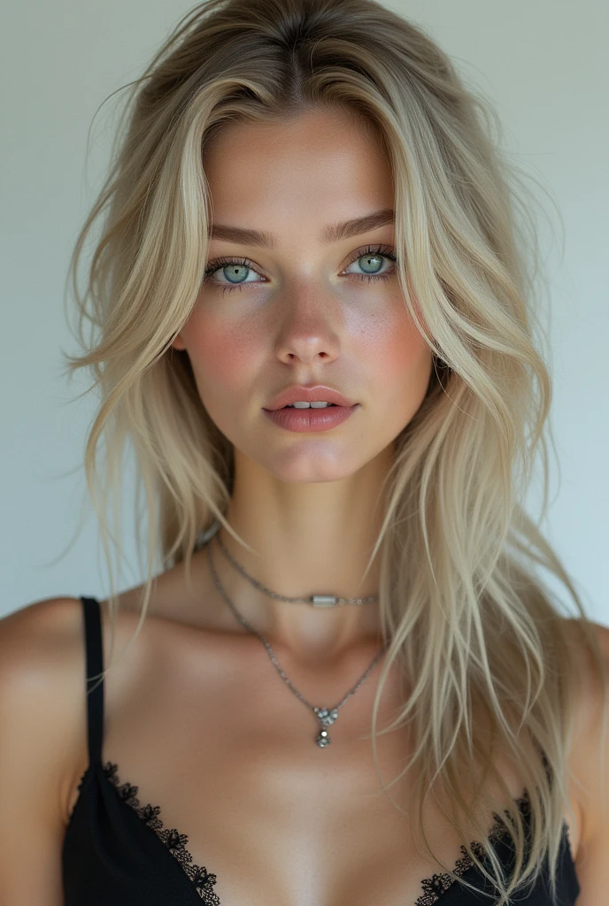 Portrait of a Norwegian beautiful teenager, small breasts, intricate dress, soft smile, natural lips, long blonde hair with shaved sides , blue-grey eyes, realism, digital painting, concept art, smooth, sharp focus, rule of thirds, Style-Psycho