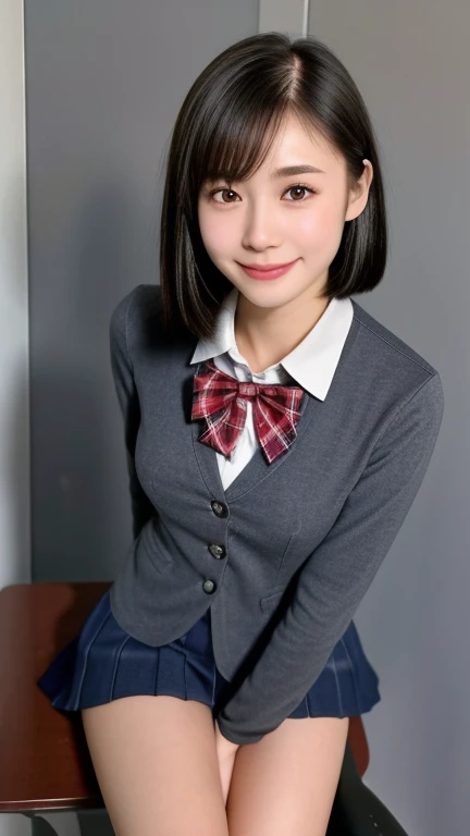 (kawaii 18 year-old Japanese girl is sitting on chair, Nogizaka idol, Korean idol), healthy female athlete body, (glossy black hair, short hair, pixie cut, bangs:1.3), (rounded face, pure black eyes, single eyelid, no makeup, splashing smile:1.2), (wearing Japanese school uniforms, blazer jacket, collared shirt, bow tie:1.3), extra small breasts, (plaid skirt, bare thighs:1.2), socks, loafers, BREAK, (simple grey background:1.3), (view from above, cowboy shot, thigh focus:1.2), BREAK, (masterpiece, best quality, photo realistic, official art:1.4), (UHD, 8K quality wallpaper, high resolution, raw photo, golden ratio:1.3), (shiny skin), professional lighting, physically based rendering, award winning, (highly detailed skin, extremely detailed face and eyes, anatomically correct body), Carl Zeiss 85 mm F/1.4, depth of field, 1girl, solo,