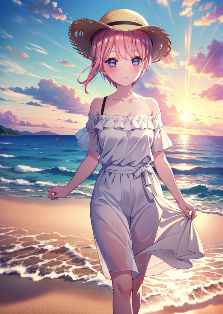 ichikanakano, Nakano Ichika, short hair, bangs, blue eyes, Hair between the eyes, Pink Hair, smile,blush,Open your mouth,Straw hat,White off-shoulder dress,Short sleeve,Long skirt,barefoot,Walking,sunset,evening,The sun is setting,Strolling on the sandy beach,
break outdoors, Beach,
break looking at viewer, whole body,
break (masterpiece:1.2), Highest quality, High resolution, unity 8k wallpaper, (figure:0.8), (Beautiful attention to detail:1.6), Highly detailed face, Perfect lighting, Highly detailed CG, (Perfect hands, Perfect Anatomy),