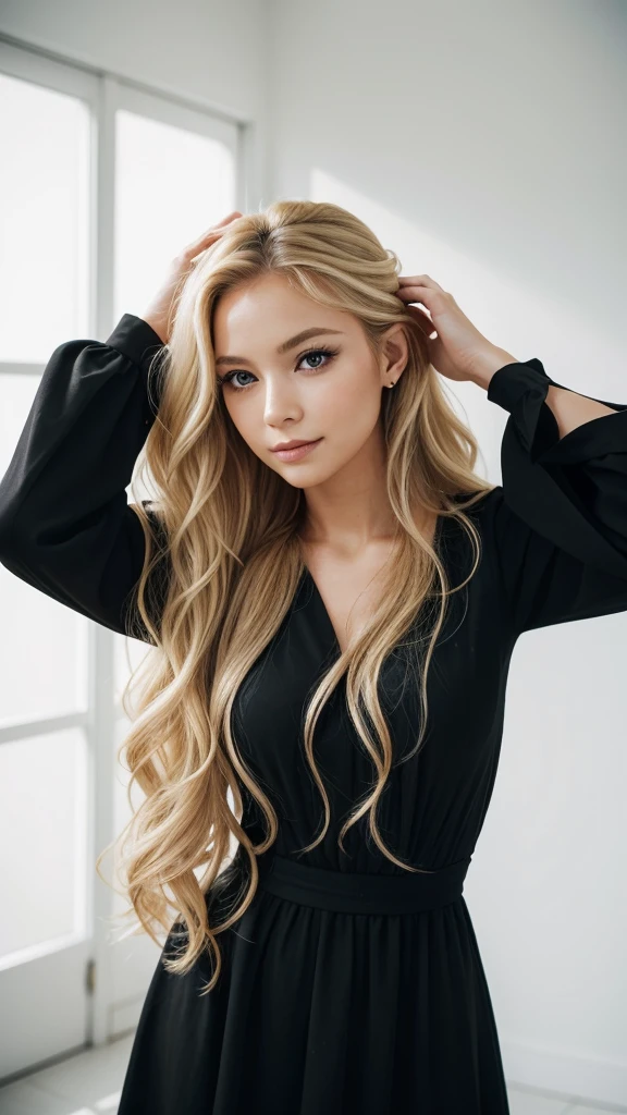 A blonde woman with long wavy hair, wearing a black dress, perfect makeup. She is standing with her hands behind her head. The background is a bright room with white walls and lots of natural light. The woman is in profile, has a serene expression and looks slightly towards the camera. By Docker