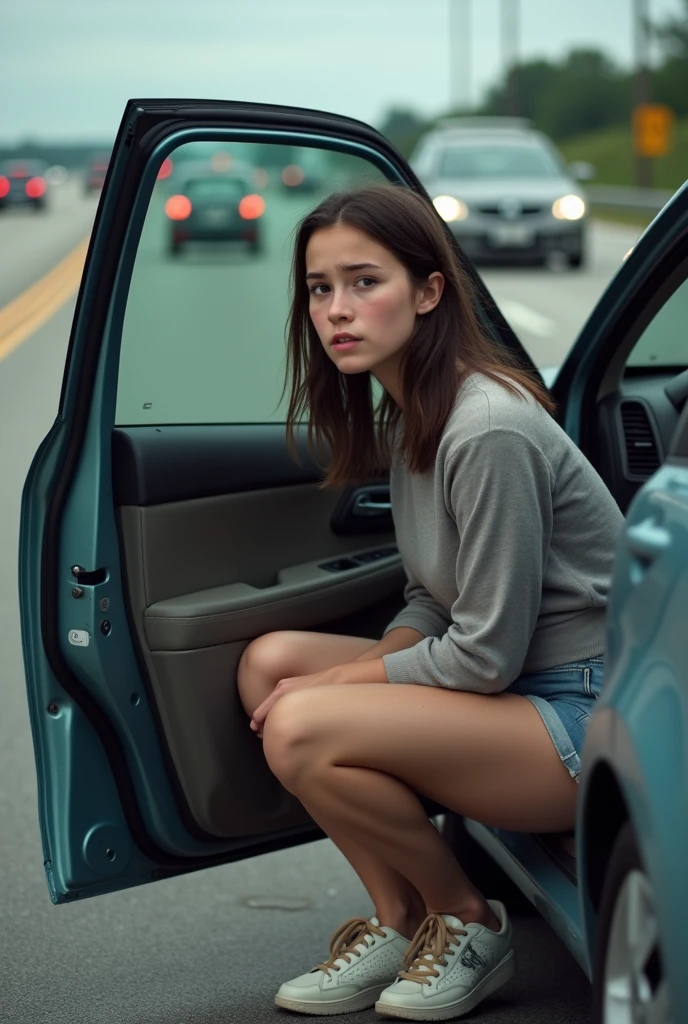 (A can’t hold it anymore) (she made her parents pull over the car in from of traffic for pit stop) (she is peeing (urgently) at side of the freeway) ( sitting on car with the open car door to hide herself.