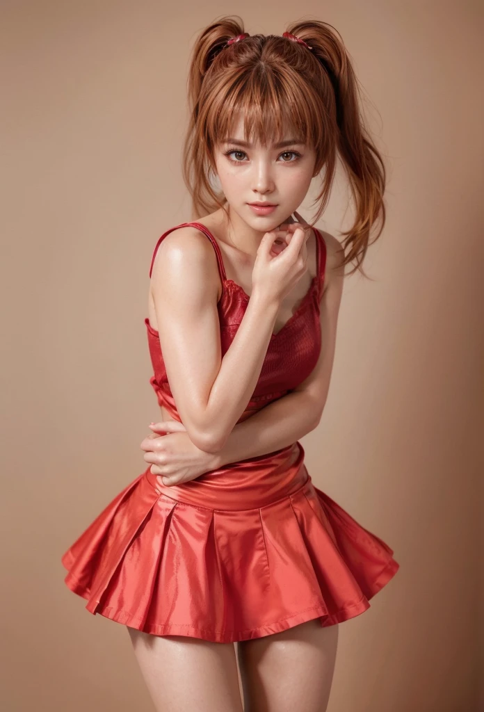 kasumi, eyes browns, (best qualityer, ultra detail), (realisitic:1.37), beautiful and detailed face, ultra-realisitic texture, Exquisite face, Delicate body, red lipgloss stick, shiny colors. High definition, 8k, expression a slight cute smile