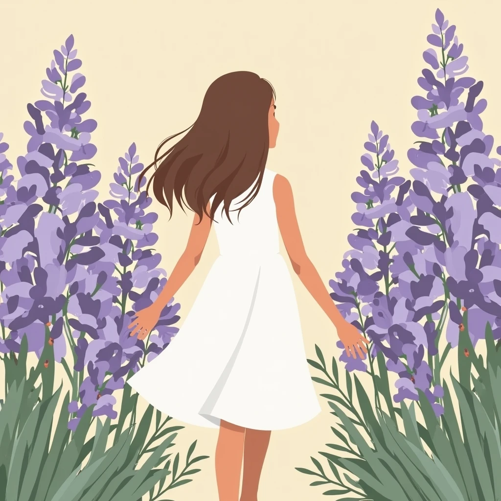 Girl in a white dress Flat color Wisteria flowers Summer Simple and beautiful color scheme Nostalgic