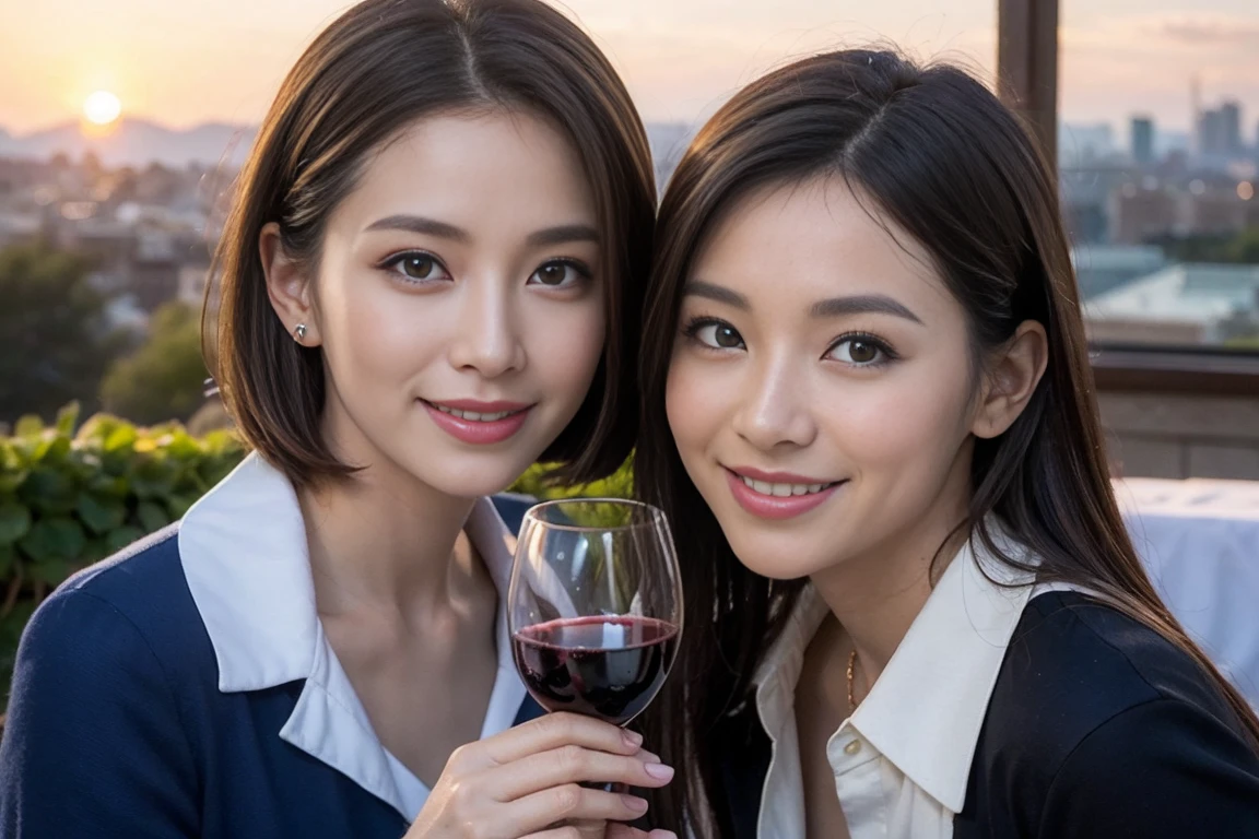 ((Highest quality、8k、masterpiece:1.3))、Slim couple、Model Couple、(Realistic, Intricate details:1.2), full-course dinner、wine 、Amazing view of the sunset sky and clouds、Bright smile、The beauty of a smile、Bright image、wineの美しさ, Beautiful Face, blue eyes, The light shines on your face, blush, short hair,Bright Face、 (Age 35), 38 years old, 赤wine 、Appetizers、Italian food、wine bottle、Champagne、スパークリングwine、Two beauties、Brown Hair、Shortcuts、Long sleeve shirt、dress、Two beautiful women