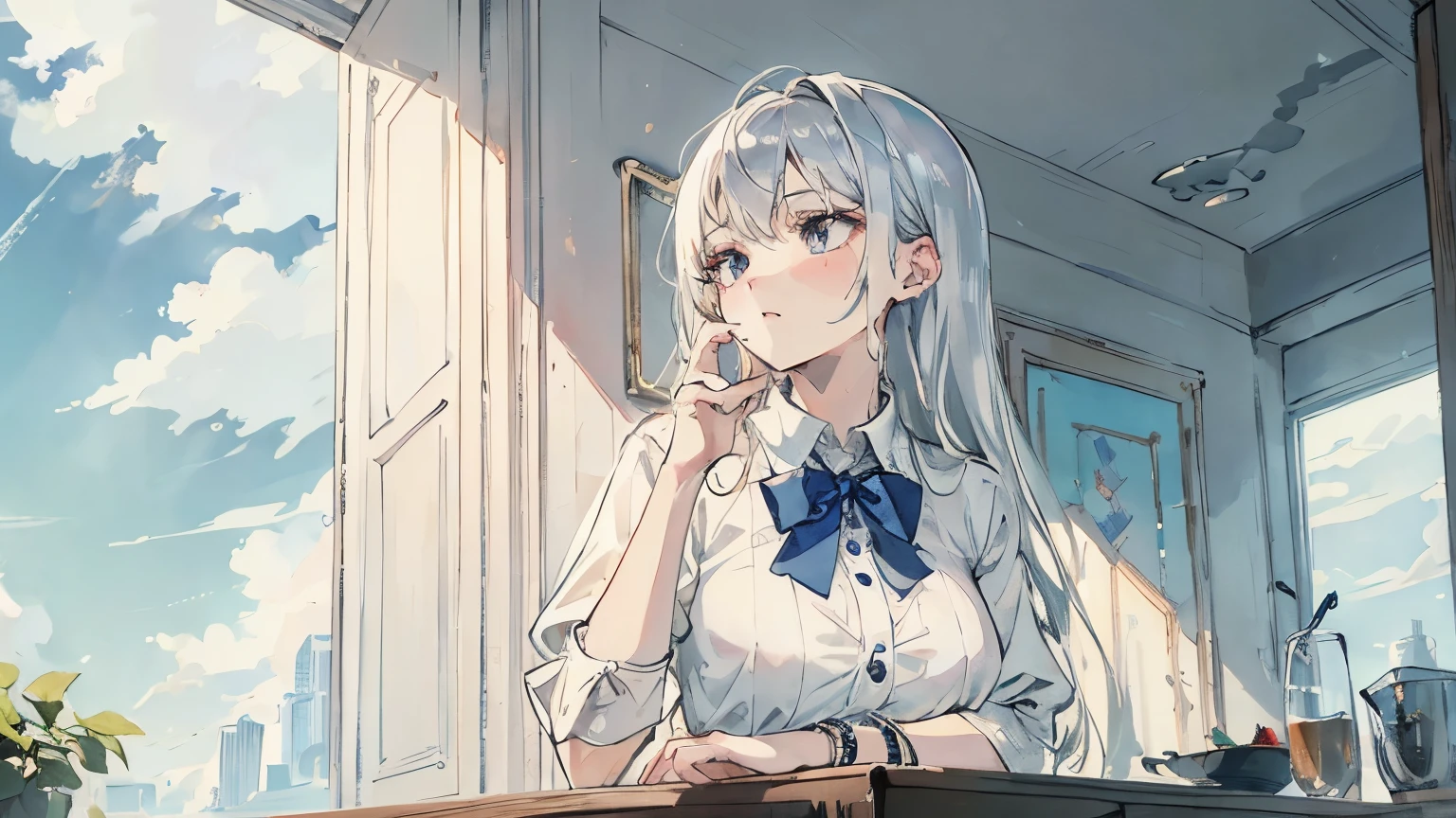 1 woman, platinum silver hair, medium hair, white collared shirt (short sleeves), bracelet, staring at the sky, melancholy expression, looking out the window, skirt, angled from above, composition where the whole body is visible , in a room, a woman is sitting in a chair, a half-drunk iced coffee is in a transparent glass, a masterpiece, highest quality, extremely detailed, glossy skin, hand on her chin ,