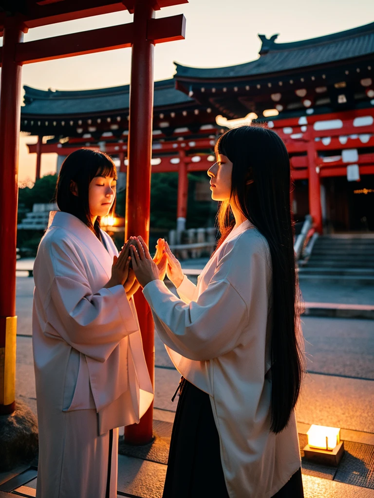 Black-haired Japanese woman praying at a shrine, couple, sunset