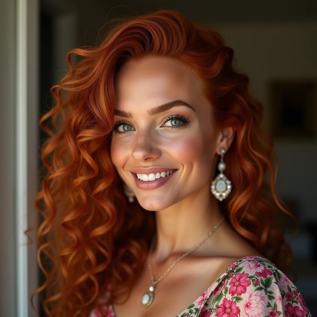 (Realistic photo of a beautiful woman, 35 years old, grey eyes, full full lips, red hair, long curly hair, curls, tanned skin, jewellery, realistic, soft lighting, professional photography, photorealistic, detailed, RAW, sharp focus, ultra-high resolution, best quality, masterpiece, (best quality, high-resolution, ultra-detailed:1. 2), HDR, bright colours, floral summer dress, curvy, sexy, smiling, full figure pic, earrings, zurich