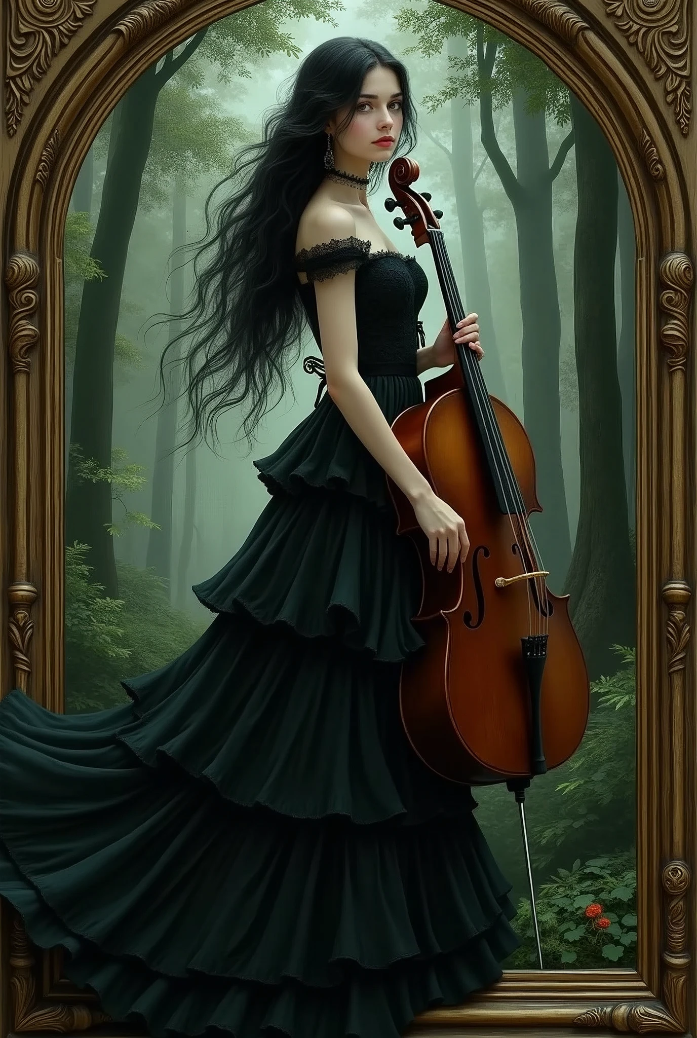 arafed woman in black dress holding a cello in a forest, a portrait inspired by Franz von Lenbach, deviantart contest winner, gothic art, lori earley, ebony rococo, black metal rococo, cello, victorian goth, victorian gothic, gothic maiden, classical witch, black rococo, monia merlo, in style of tom bagshaw