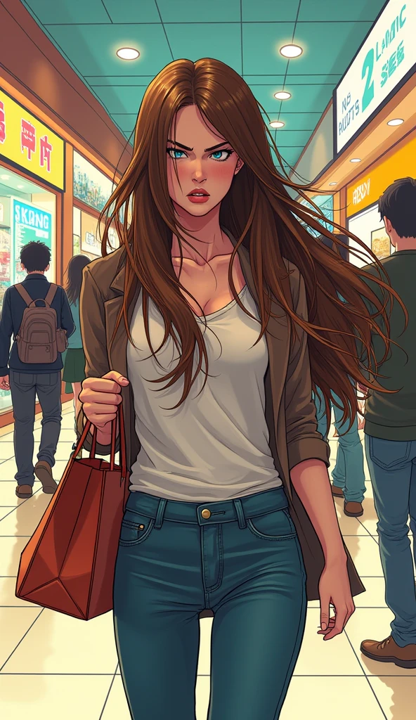 Japanese comic style,In the mall,Shopping,褐色Long hair的女性,Long hair,((Angry and tangled expression))