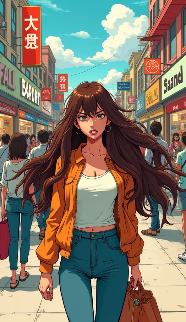 Japanese comic style,In the mall,Shopping,褐色Long hair的女性,Long hair,((Angry and tangled expression))