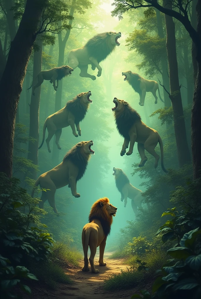 As the bell rang, the lion noticed the jungle changing around him. The once friendly animals transformed into strange, dangerous creatures. The lion, unsure of what to do, rang the bell again, and everything reverted to its original form. But the lion knew now that the jungle was no longer safe.
