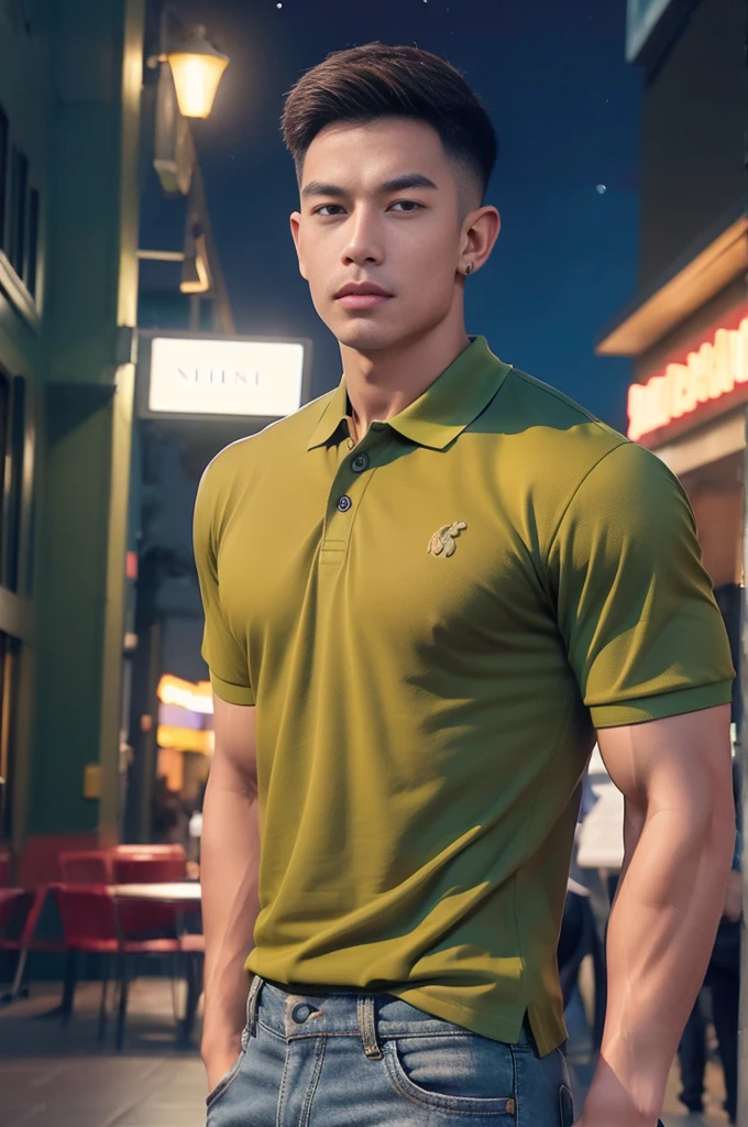 (armface:1.3) , Handsome young man standing, (have a mustache:0.8) , (short hair:1.2), The forearms are muscular., (polo shirt:1.2),(Olive colored shirt:1.2),Jeans, Big muscles, Handsome and muscular, full body angle, (In front of the department store:1.1), , (nighttime:1.3), Neon lights