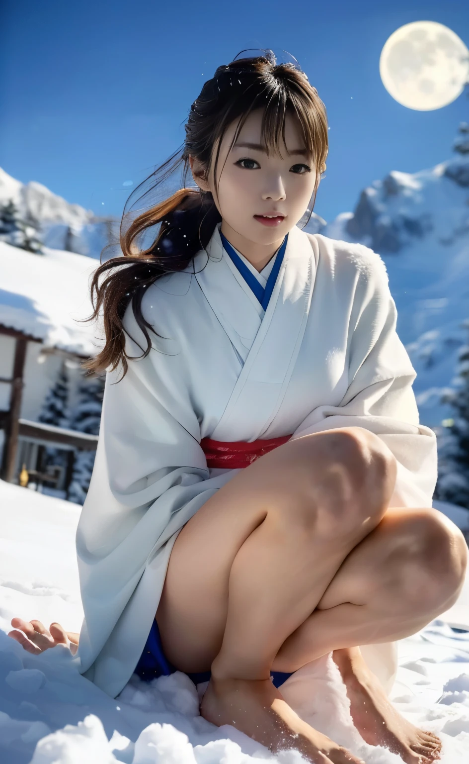 (((Perfect limbs and body with detailed depictions of the limbs based on perfect anatomy, no extra arms))),4k shooting captures the essence of movement,First Person,(((白い薄い和服を着て夜に雪山の岩に手を前に揃えて立ってこちらを見ている美Shii雪女))),(((In the moonlight of a late-night snowfall, a snow woman dressed in a luxurious white kimono is gazing intently at me with her chin pulled back.))),(((masterpiece))),色白の透き通るような美Shii首筋に柄の無い純白の着物が映えます,Stand with your chin tucked and your knees together,((A full-body 4K portrait shot of bare feet with the moon in the background)),20-year-old, Glossy long chestnut hair is sexy,((Gravure photoshoot on top of a snowy mountain)),Long eyelashes,Big eyes,double eyelid,((Glossy red and thick lips)),Deep depth of field photography with Hasselblad,Outdoor detailed background,Best image quality,Professional perspective,素晴らShiiディテール,Ultra-high resolution,Realistic:1.4,Attention to detail,The beauty is concentrated on one girl.,栗色の美Shiiロングヘアーが風になびく,繊細で鼻が高く美Shii顔,Long limbs like a model,Tight waist,チラ見えする白い肌が眩Shii,Dramatically God々Shii,Creating a cinematic aura,