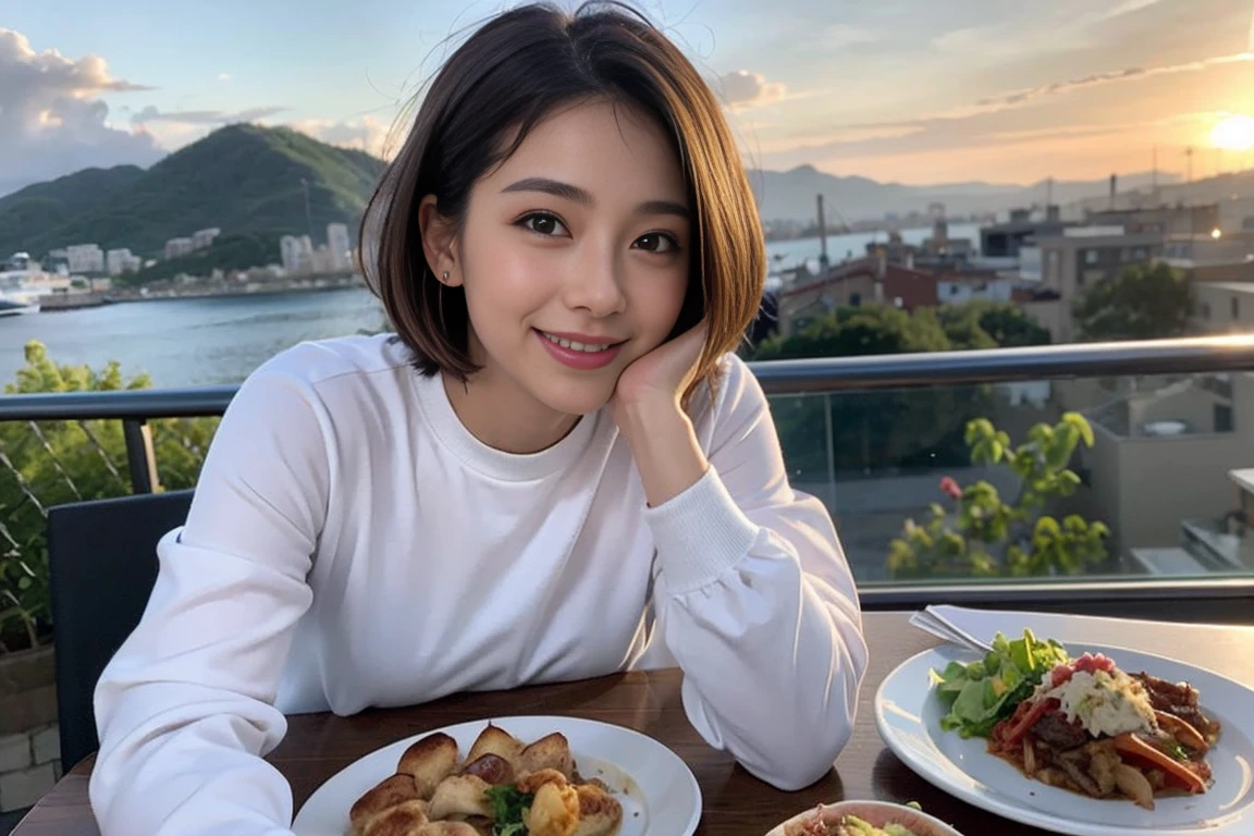 (Realistic:1.1),(masterpiece,Highest quality),8k,(49 years old), 53 years old, ベリーslimボディ、slimカップル、Tight waist,Upper Body,full-course dinner、wine 、Amazing view of the sunset sky and clouds、Perfect Anatomy, Brown Hair, short hair,Random Hairstyles,((Highly detailed face and eyes:1.2)),Perfect golden ratio face,Long sleeve shirt、dress,(smile:1.2)、Shortcuts、cute、(Realistic, Intricate details:1.2), A bright smile、short hair,Bright Face、赤wine 、Appetizers、Italian food、wine bottle、Champagne、スパークリングwine、(slimな顔), (The body is slim), (Brown Hair), (Shortcuts), Upper Body, 白wine, slim, wineグラス,