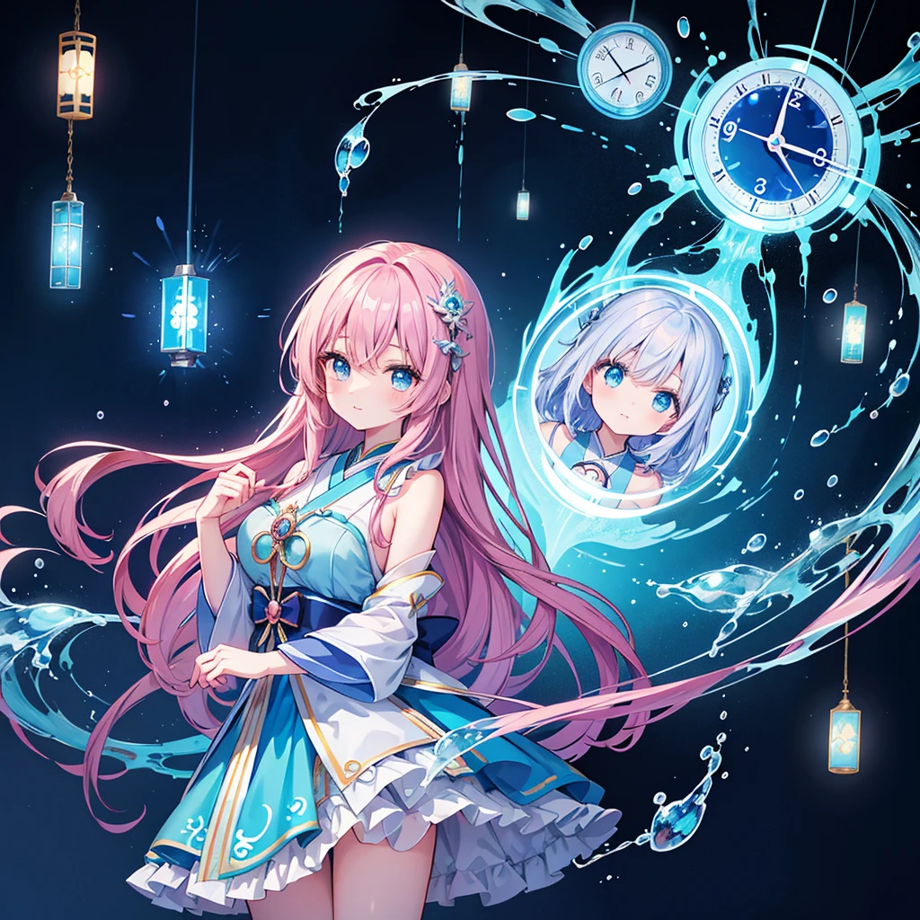 anime character drawing of a woman with a blue dress and a clock, clear eyes concept art, style of anime, concept art magical highlight, style of magical girl, asian female water elemental, ethereal anime, traditional japanese concept art, anime concept art, how to draw anime, shoujo manga character design, inspired by Li Mei-shu, inspired by Ma Yuanyu