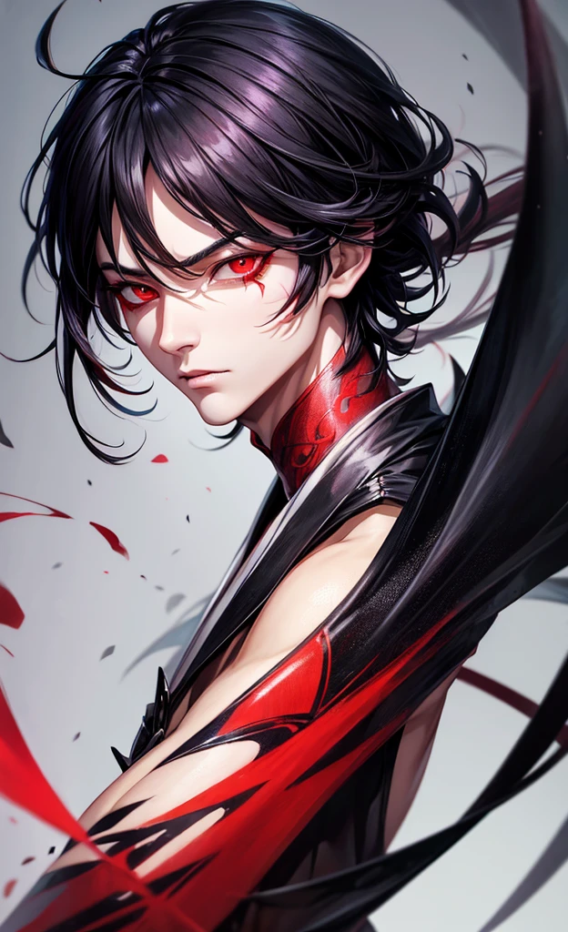 hyperdetailled, hyperrealist painting of a man with black hair and red eyes, painted in anime painter studio, handsome guy in demon slayer art, made with anime painter studio, androgynous vampire, inspired by Yanjun Cheng, portrait gapmoe yandere grimdark, in the art style of bowater, junji ito 4 k, handsome japanese demon boy, kuvshinov ilya